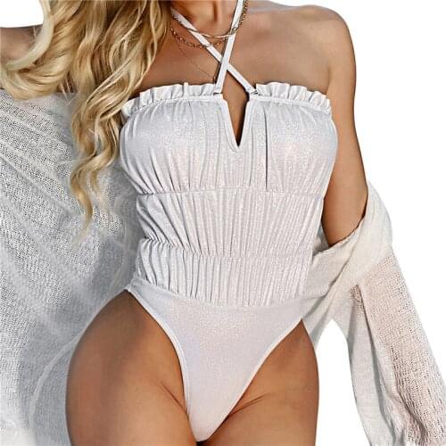 2021 Sexy Women Shell Ruched Monokini Swimwear Halter Ruffle Trim One Piece Solid Color Swimsuits Beach Coverups For Women