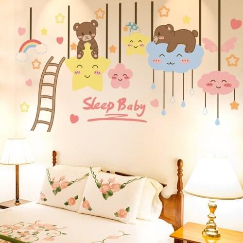 Cartoon Bear Animals Wall Stickers DIY Stars Clouds Wall Decor Decals for Kids Rooms Baby Bedroom Nursery Home Decoration