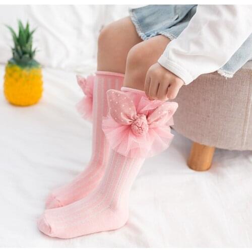 Cute Bowknot Baby Girl Socks Spring Autumn Soft Cotton Princess Flamingo Solid Color Kids Knee High Socks For Children 1-3Y