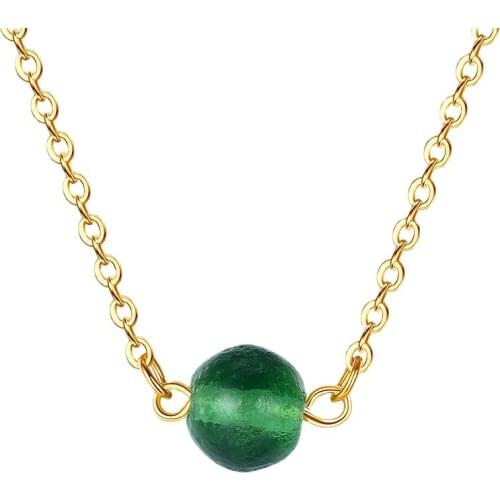 New Stainless Steel Gold Moldavite Pendant Necklace Women 10mm Bead Round Meteorite Jewelry Green Stone Power Crystal Tektite