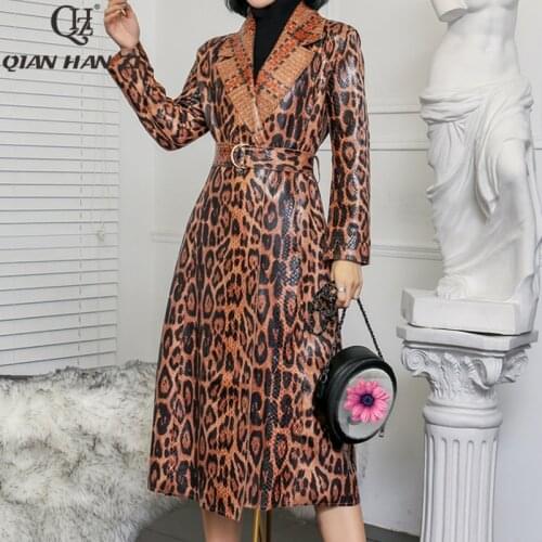 Qian Han Zi 2020 Womens Casual Leopard trench coat oversize Vintage Snake patent leather Washed Outwear Belt slim Clothing
