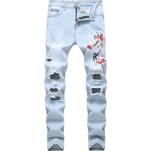 Ripped Jeans with Embroidery Men with Flowers Rose Embroidered Mens Holes Denim Jeans Stretch Skinny Plus Size Jeans Pants