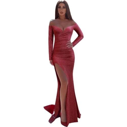 Off Shoulder Long Sleeve Maxi Dress Deep V Neck High Split Full Length Party Dress Elegant Women Red Sequin Evening Wear