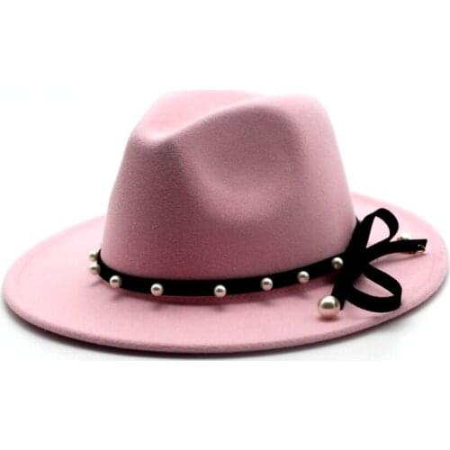 Seioum Wide Brim Autumn Female Fashion pearl Top hat Jazz Cap Winter Fedora Hat For men Wool Hat Fashion Chapeau Femme pink Hats