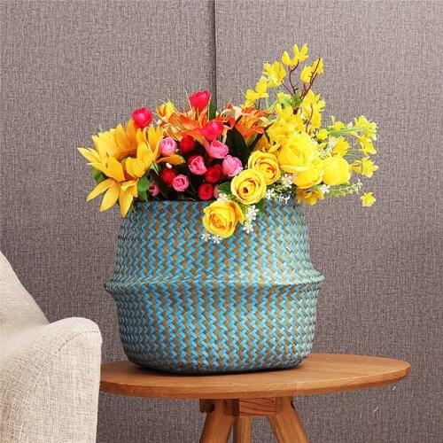 2020 Foldable Handmade Seaweed Storage Basket Wicker Rattan Belly Straw Garden Flower Pot Wavy Flower Pot Clothes Basket