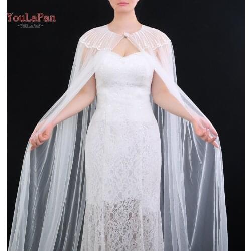 YouLaPan G24 Bridal Cape Cloak Wrap Lace Lotus leaf Edge Jacket Cathedral Wedding Sheer Cape Shawl Tulle for Bride Wedding