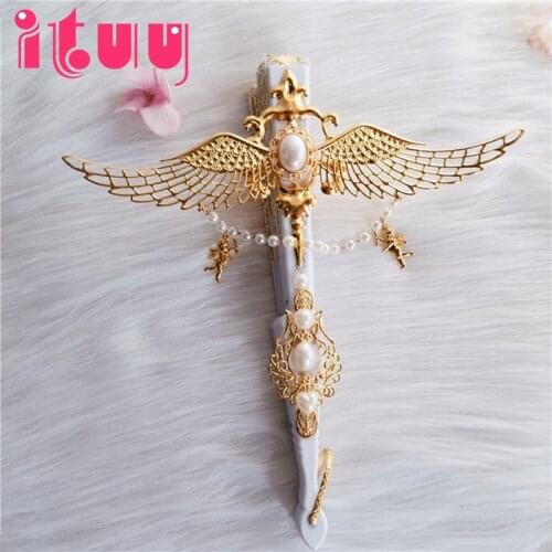 Lolita Vintage Harajuku Style Cosplay Hand-Held Fans Stage Show Photobooth Prop Gorgeous Gem Pearl Angel Wings Folding Fan