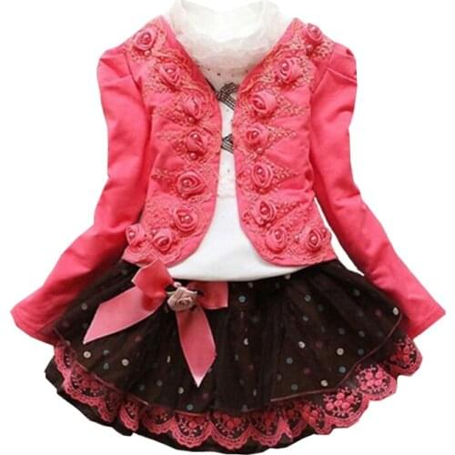 3-8 y girl Clothes three-piece rose Hook flower jacket+T-shirt+Half length skirt pearl accessories quality sweet princess costum