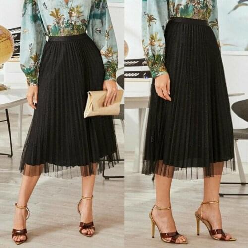 Womens Skirt Casual Party Dress Pleated Mesh Elastic Waist A-Line Long