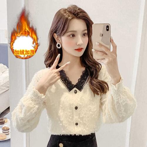 Winter Coat Loose Stitching Lace Shirt for Women Blouse Women Blusas Ropa De Mujer