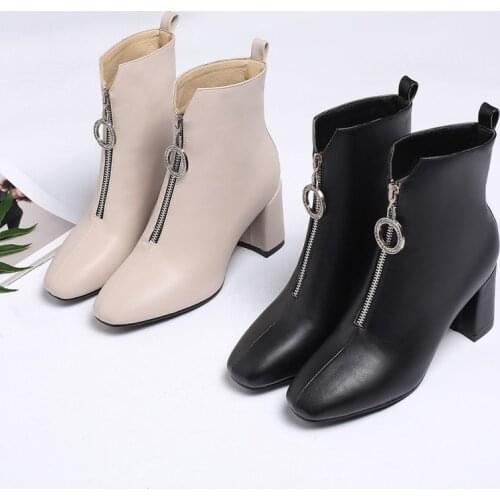 YQBTDL Artificial Leather High Heels Winter Boots Women Front Zipper Crystal Ring Decor Black Block Heel Shoes Woman Footwear