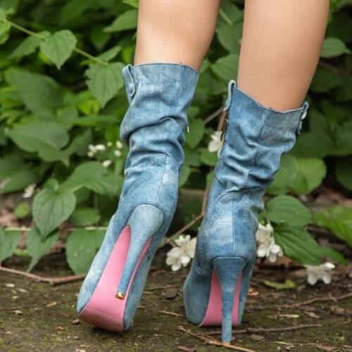 2021 Women Knee High Boots Sexy High Heels Side Zip Denim Cowboy Boots Fashion Brand Designer Platform Party Shoes Female