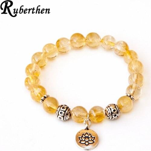 Ruberthen Natural Yellow Crystal Bracelet Trendy Design Women`s Lotus Yoga Mala Bracelet Vintage Style Healing Balance Bracelet