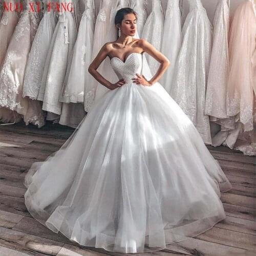 Luxury Ball Gown Tulle Wedding Dresses 2020 Strapless Floor Length Vestido de Novia Crystal Beaded Bridal Gowns Corset Back