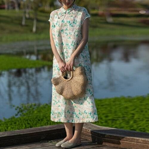 Johnature Chinese Style Dresses For Women Print Floral Stand Button Short Sleeve Ramie High Quality 2021 Summer New A-Line Dress