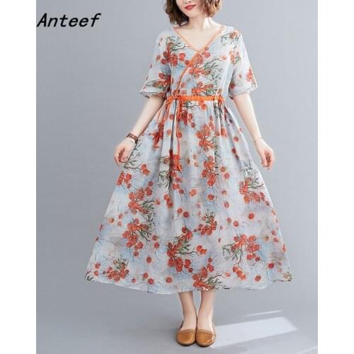 Cotton linen plus size vintage floral for women casual loose long summer dress elegant clothes sundress 2021 ladies dresses