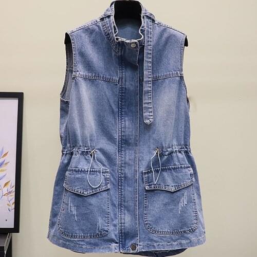 Summer Adjustable Waist Vintage Jeans Vest Women Sleeveless Jacket Zipper Pocket Long Denim Coat Plus Size Female Outwear K60804