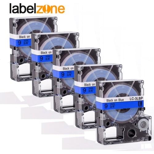 5Pcs 9mm Black on Blue compatible Epson LC-3LBP/SC9BW label tapes strong adhesive laminated lc3lbp label ribbon for KingJim