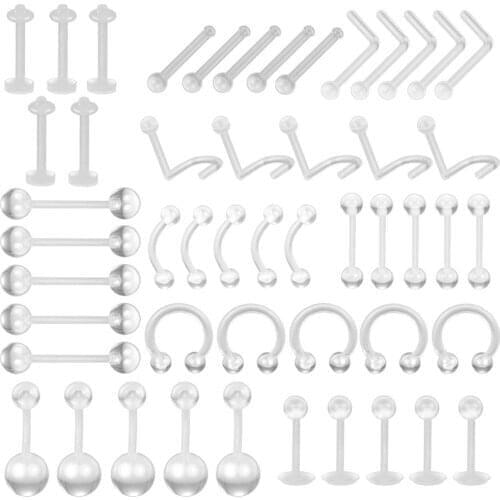 50PCS Safe Resin Soft Piercing Kit Tongue Nail Mixed Set Lip Acrylic Belly Eyebrow Fake Septum Nose Stud Navel Ring Jewelry Whol