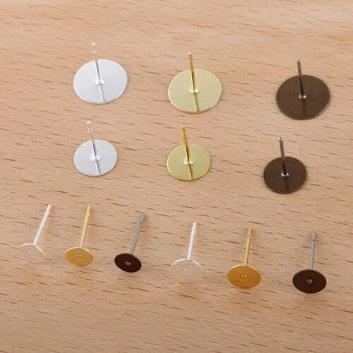 6mm 8mm 10mm Flat Circle Glue Pad stud Post Earrings Bases Settings Silver tone Plated DIY Jewelry Findings