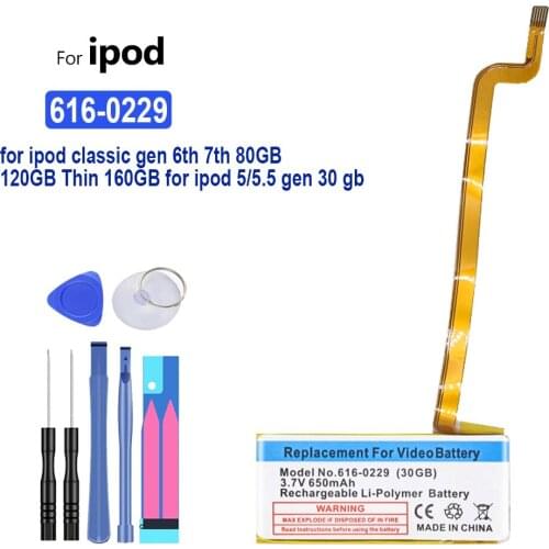 MP3 Battery 616-0229 650mAh for Apple ipod classic gen 5th 6th 7th 80GB 120GB Thin 160GB for ipod 5/5.5 gen 30 gb