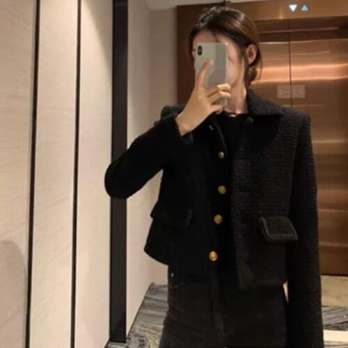 Black Tweed Jackets Women Turn Down Collar Long Sleeve Woolen Coats Single Breasted Outwear Plus Size Korean Vintage Coats C764