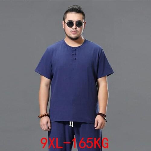 Men Large Size Clothes Store Costume Linen Crop Top Male 8XL 7XL 9XL 100% Cotton Blue T Shirt Tshirt Men Plus Size Short Sleeve