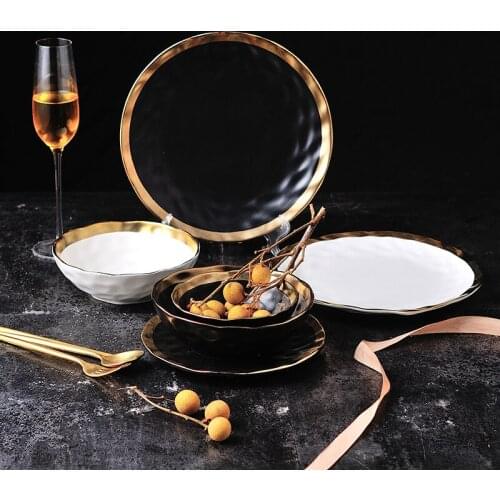 KuBac Ceramic Beef Platter Household Breakfast Plate Simple And Creative European Vegetables Platter With Gold Edge Tableware