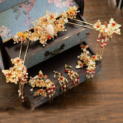 Chinese handmade hairpin sticks steps coronet sets shake earrings rocking chinese tiara hair jewelry hair ornaments wholesale