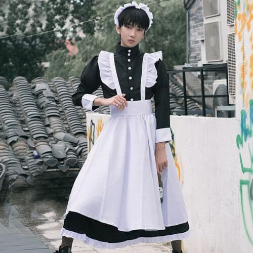 Japanese Anime Lolita Maid Apron Dress Men Women Maid Outfit Cosplay Kawaii Lace Ruffles Dress Men Cafe Costume Горничная Mucama
