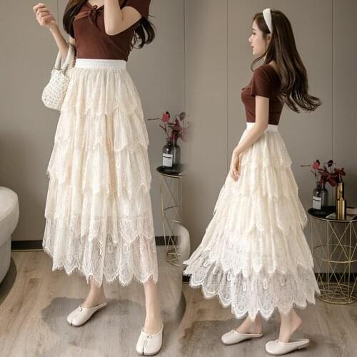 Lace Skirt Women Maxi Chiffon Skirt Women 2021 New Elastic High Waist Cake Long Skirts Female Lady Black Bottoms korean style