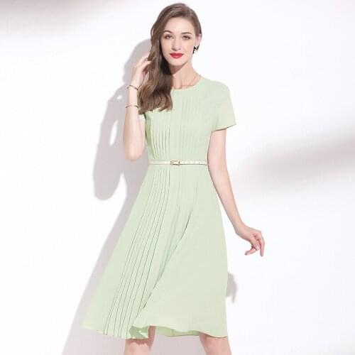 Summer Dress Woman 2021 New OL Round Neck Short Sleeved Slim A-Line Solid Colid Chiffon Light Green Dress Elegant M-XXL
