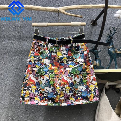 Summer Women High Waist Denim Skirt Cartoon print Fashion Streetwear Jeans Short Skirts Pocket Loose A-Line Mini Skirt Female