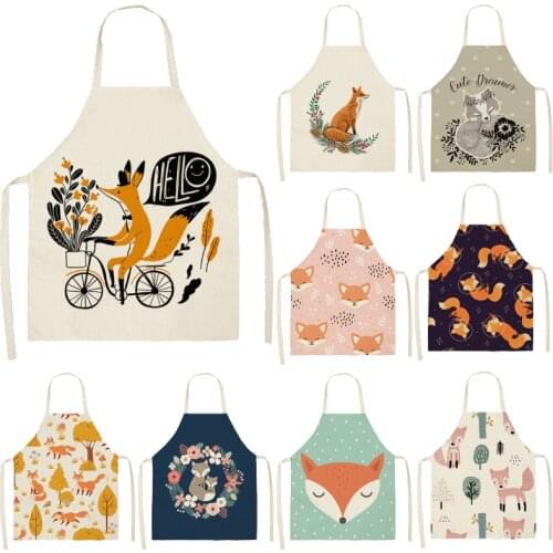 Cute Fox Printed Cotton Linen Brief Sleeveless Aprons Home Cooking Baking Waist Bib Kitchen Women Pinafore 53*65cm WQL0159