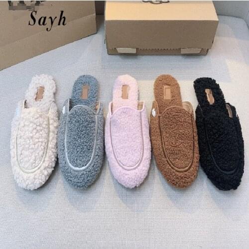 Fashion Brand Woman Winter Autunm Flats Sandals Furry Slippers Round Toe Mules Casual Shoes Flat outdoor slides