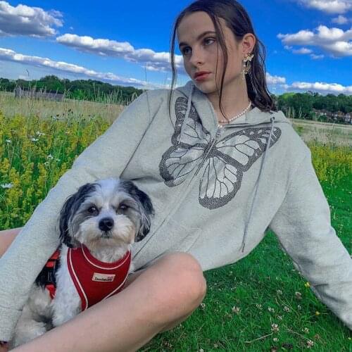 Fashion Oversized Butterfly Graphic Rhinestone Zip Up Hoodies 90s Streetwear Diamond Grey Long Jacket Autumn