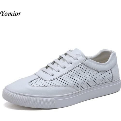 Yomior Summer New Men Shoes Hollow Out White Genuine Leather Shoes Fashion Casual Real Breathable Sneakers Loafers High Quality