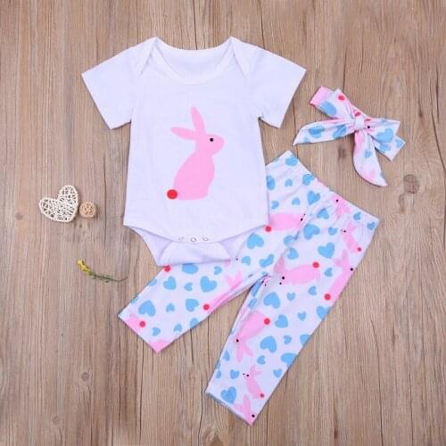 0-24M Newborn Baby Boy Girl Short Sleeve Rabbit Print Cotton Bodysuit Tops Long Pant Trouser Headband 3PCS Baby Clothing Set