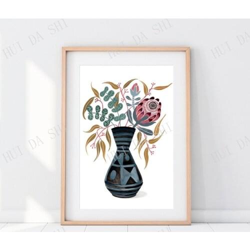 Native flowers, Protea, Australian Art, Mid Century, botanical, silver dollar, retro vase, Scandinavian