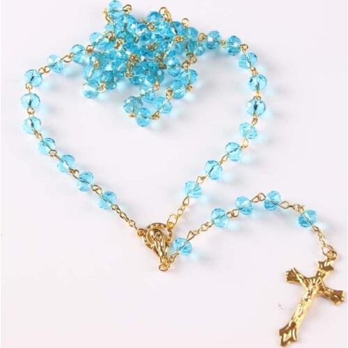 Necklace Religious Christian Ornaments Cross high quality crystal beads Rosary blue color
