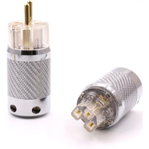 Pair Carbon Fiber Gold Plated EU Schuko Power Plug Connector+IEC Plug Connector hifi audio