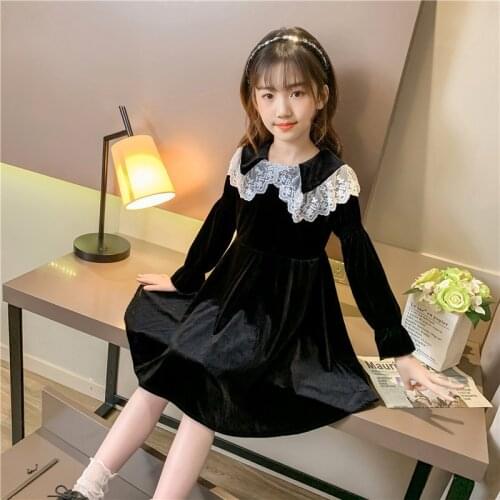 Dress Girl Solid Lace edge Party Girl Dress Casual Style Children Dresses Autumn Winter Costume Girl 6 8 10 12 14
