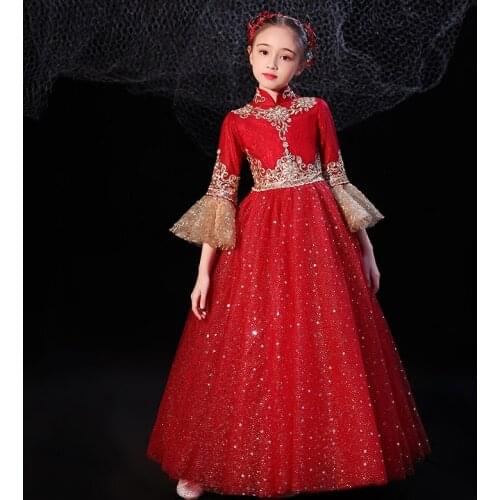 Flower Girl Dresses Illusion Luxury Vintage Princess Sequined Ball Gown Embroidery High Full Lace Tulle Kids Party Dress H016