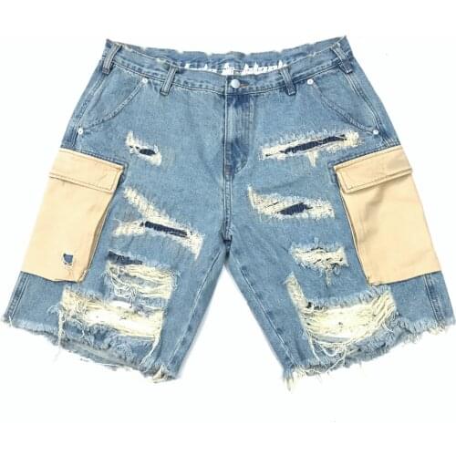 Washed Blue Side Pocket Distressing Shorts High Quality Hip Hop Skateboarder Ripped Jeans Four-Pockets Styling