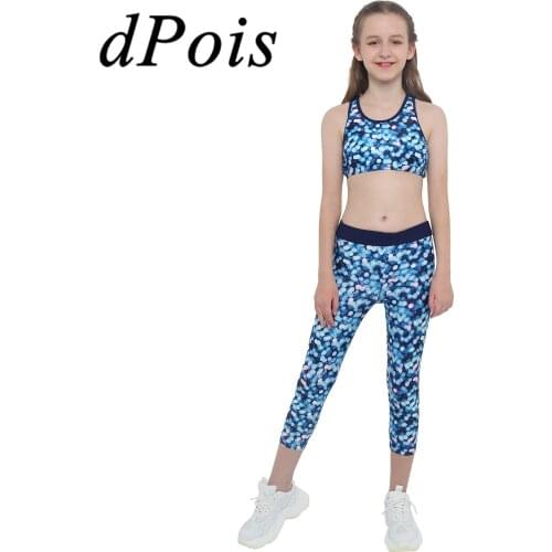 2Pcs Girls Sports Clothes Printed Tracksuit Sportwear Sport Tank Top + Pants Set Kids Ballet Gym Fitness Workout Yoga Sets