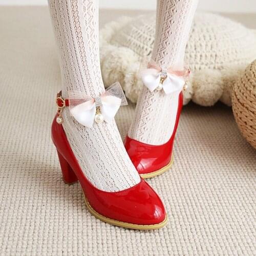 US4-14 Womens Round Toe Lace Japanese Mary Janes Bowknot Lolita Pumps Chunky Heel Shoes Sweet Plus Size 4Colors Cosplay 34-48