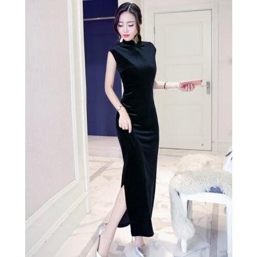 High grade elastic Korean velvet Pure Black Retro Republic of China long modified slim fit shoulder sleeve banquet evening dress