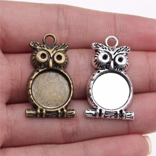 WYSIWYG 5pcs 14mm Inner Size Vintage Antique Silver Color Antique Bronze Zinc Alloy Owl Cameo Cabochon Base Setting