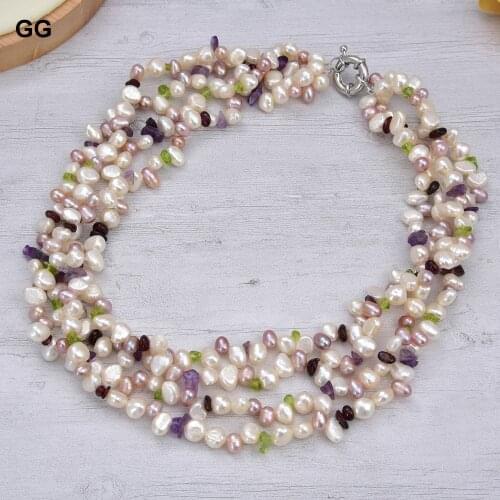 GuaiGuai Jewelry Natural Pearl 4 Strands 19'' Pearl Prehnite Amethyst Garnet Necklace