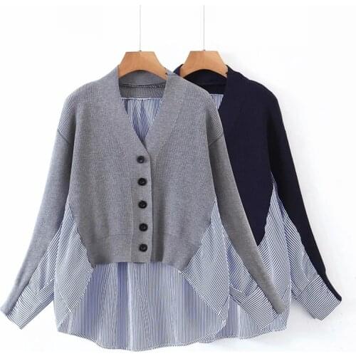 2020 Fashion Women Splicing Shirts V-Neck Single Breasted Female Cardigan Sweaters Tops